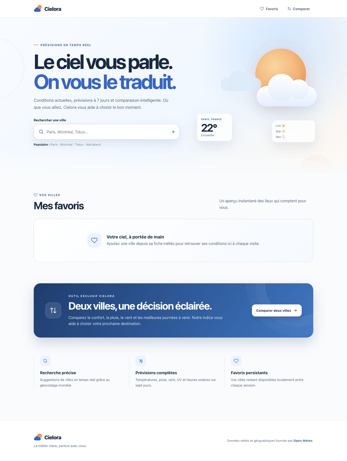 Page d'accueil de l'application Cielora